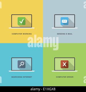 Computer actions in flat vector style laptop colorful scenes Stock Vector