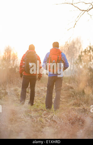 Rear view of male hikers with backpacks standing in field Stock Photo