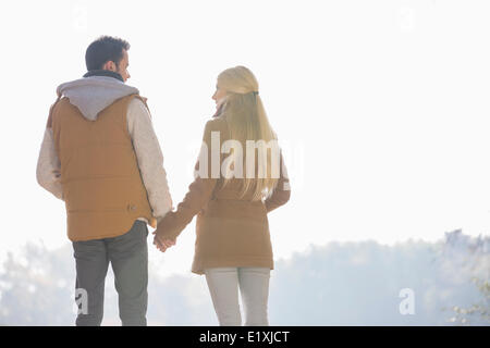 Rear view of couple holding hands while looking at each other in park Stock Photo