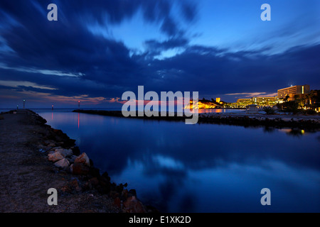 Night falling at Sani Beach Resort, Kassandra peninsula, Halkidiki ('Chalkidiki'), Macedonia, Greece. Stock Photo