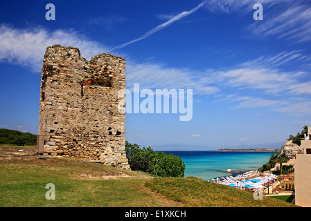 Stavronikitas tower at Sani Beach Resort, Kassandra peninsula, Halkidiki ('Chalkidiki'), Macedonia, Greece. Stock Photo