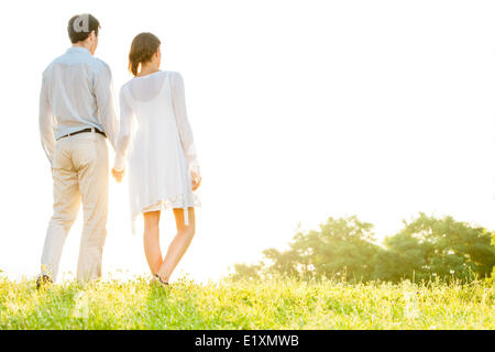 Rear view of young couple holding hands in park against clear sky Stock Photo