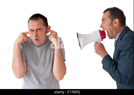 man being yelled at by businessman manager on white Stock Photo