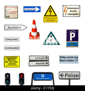 German traffic sign: Einbahnstrasse/One-way road, pointing to the left ...