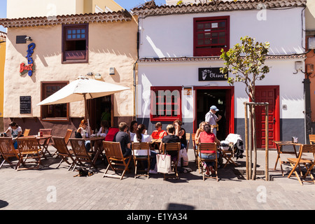 Cafes with tables and chairs outside in the old town of San Cristobal de La Laguna, Tenerife, Canary Islands, Spain, Stock Photo