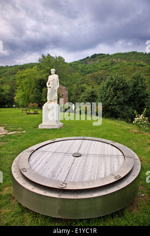 The statue of Aristotle and a compass at the Aristotle park close to Stagira village, Halkidiki, Macedonia, Greece. Stock Photo