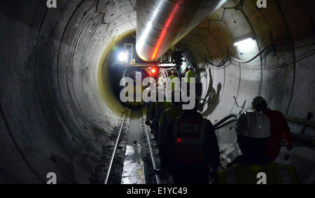Srinagar, Indian Administered Kashmir. 11 June 2014. A view of a tunnel during the breakthrough of headrace tunnel in Bandipora 100 km north of Srinagar The 23.65 km tunnel, 14.75 km was constructed using a tunnel boring machine (TBM), the first successful TBM operation to create a headrace tunnel. Credit:  sofi suhail/Alamy Live News Stock Photo