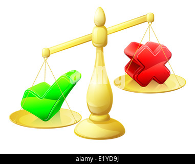 Choosing yes concept of a scales with a cross on one side and a tick on the other, the tick outweighing the tick Stock Photo