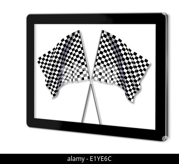 Large Checkered Flags with fabric surface texture with landscape background Stock Photo