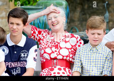 (L-R) Prince Nikolai, Queen Margrethe II. and Prince Christian of Denmark during the photo session on the occasion of Prince Henrik's 80th birthday at Chateau de Cayx in France, 11 June 2014. Photo: Patrick van Katwijk /NETHERLANDS OUT / NO WIRE SERVICE Stock Photo