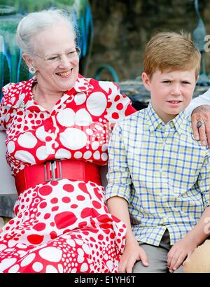 (L-R) Queen Margrethe II. and Prince Christian of Denmark during the photo session on the occasion of Prince Henrik's 80th birthday at Chateau de Cayx in France, 11 June 2014. Photo: Patrick van Katwijk /NETHERLANDS OUT  / NO WIRE SERVICE Stock Photo