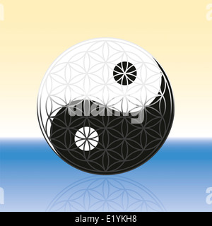 Yin Yang and Flower of life symbol combined in one emblem. Stock Photo