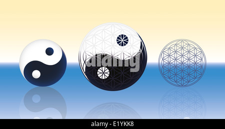 Yin Yang symbol (left) and Flower of life symbol (right) combined in one emblem in the center. They are floating over the water. Stock Photo