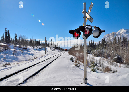 A wide angle image of railway tracks and the stop lights at a train crossing Stock Photo