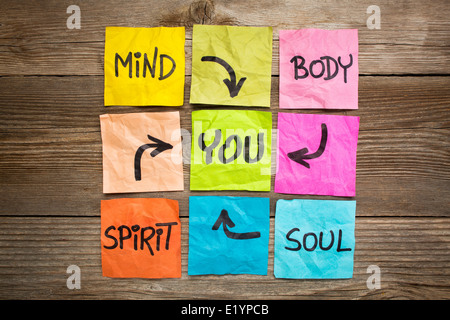 mind, body, spirit, soul and you - balance or wellbeing concept - handwriting on colorful sticky notes against grained wood Stock Photo