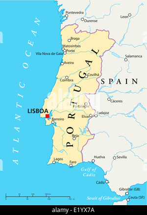 Portugal political map with capital Lisbon and neighbor countries ...