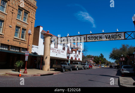 Ft Worth Texas Main Street near the Stockyard famous for the Longhorn herds that come thru town with Cowboys Stock Photo