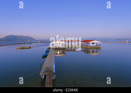 Traditional stilt houses raised over the lagoon of Messolongi, Aetoloacarnania region, west coast of Central Greece Stock Photo