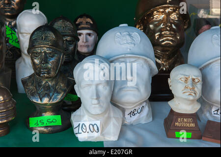 Souvenir shop, heads of Mussolini and Hitler in a shop window, glorification of fascism, birthplace of Mussolini, Predappio Stock Photo