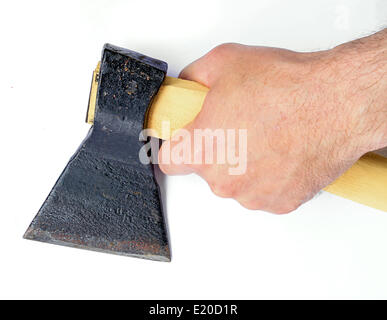 axe in hand on white background Stock Photo