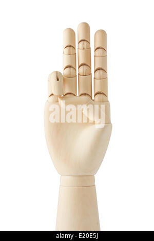 wooden dummy hand with three fingers up Stock Photo