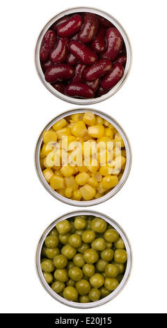 canned beans, peas and maize in metal cans Stock Photo