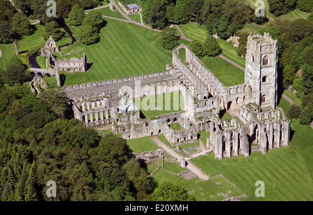 Aerial view taken from over 1500' of Fountains Abbey, near Ripon, one of the largest and best preserved ruined Cistercian monasteries in England. Stock Photo