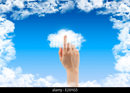 Cloud computing concept with woman hand close-up Stock Photo