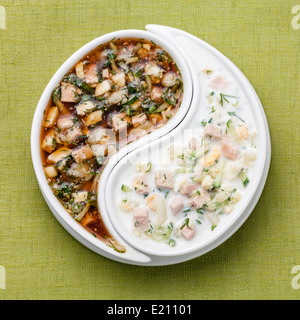 Russian Cold soup Okroshka with chopped vegetables and meat with kefir and kvass in Yin Yang bowl on green background Stock Photo