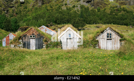 Typical wooden huts with grass on roof in the Nupsstadur farm, South Iceland. Stock Photo