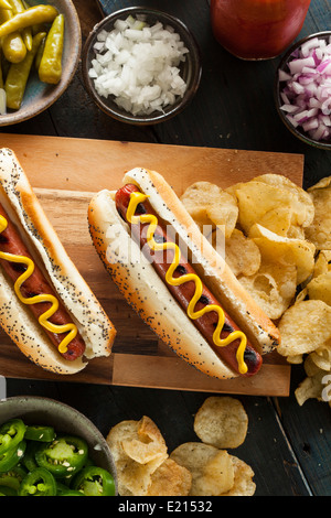 Gourmet Grilled All Beef Hots Dogs with Sides and Chips Stock Photo