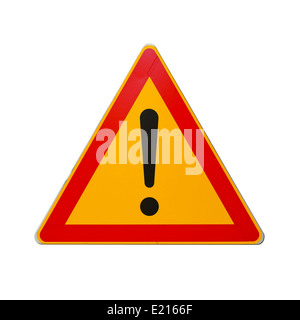 Warning road sign with an exclamation mark in red triangle on mountain ...