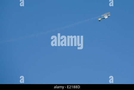 Radio controlled Hydroplane flying over the Guadiana river, Badajoz, Spain Stock Photo