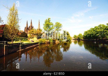 Cathedral seen across Minster Pool, Lichfield, Staffordshire, England, United Kingdom, Western Europe. Stock Photo