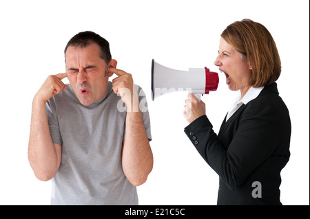 male employee being yelled at by female manager on white Stock Photo