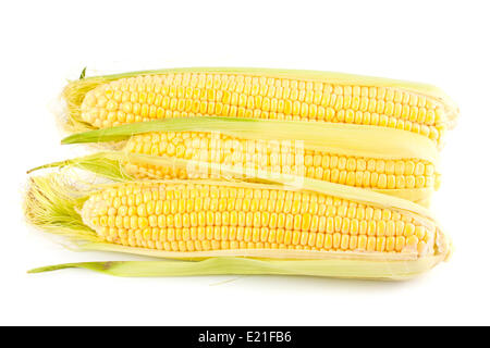 Three yellow corn on the cob Stock Photo