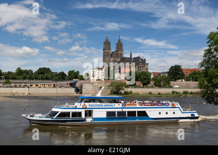 River Elbe with a sightseeing boat and a view on the cathedral of Magdeburg, Germany Stock Photo