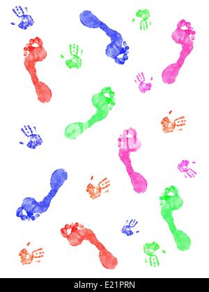 Feet and hand prints on a white background Stock Photo