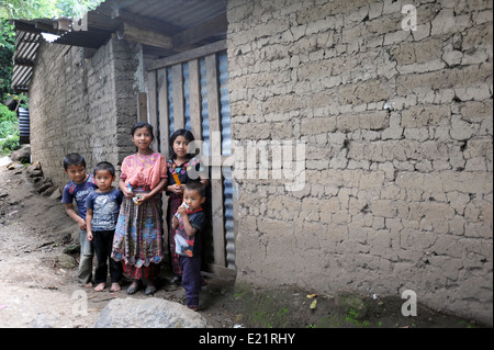 Maya indigenous children at home in Tierra Linada, Solola, Guatemala. Stock Photo