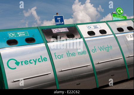 Recycling bottle bank in a car park on the Isle of Wight, England. Stock Photo