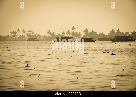 beautiful landscape with houseboats in Kerala backwaters in vintage style, India Stock Photo