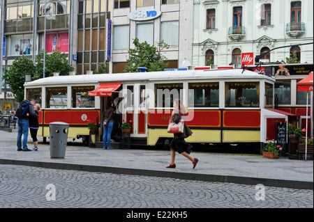 An old vintage tram converted to a restaurant in the middle of Wenceslas Square, Prague, czech Republic. Stock Photo