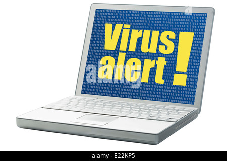 virus alert with binary background on a laptop isolated on white Stock Photo