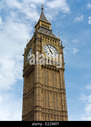 Upper section of Big Ben at the Palace of Westminster London England with the dial showing 4.55pm Stock Photo