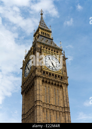 Upper section of Big Ben at the Palace of Westminster London England with the dial showing 4.55pm Stock Photo