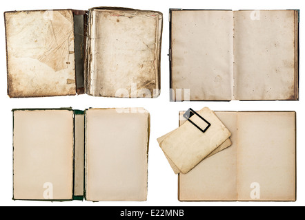 old books set with grungy pages isolated on white background Stock Photo