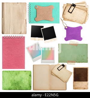 set of various old paper sheets. vintage photo frames and book pages, cards, pieces isolated on white background Stock Photo