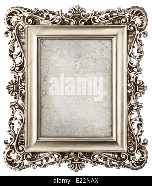baroque style silver picture frame isolated on white background with canvas for your picture, photo, image Stock Photo
