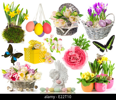 set of spring flowers, easter eggs, butterfly. easter decorations isolated on white background Stock Photo