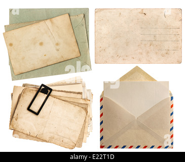 envelope air mail and postcards isolated on white background. retro design papers Stock Photo